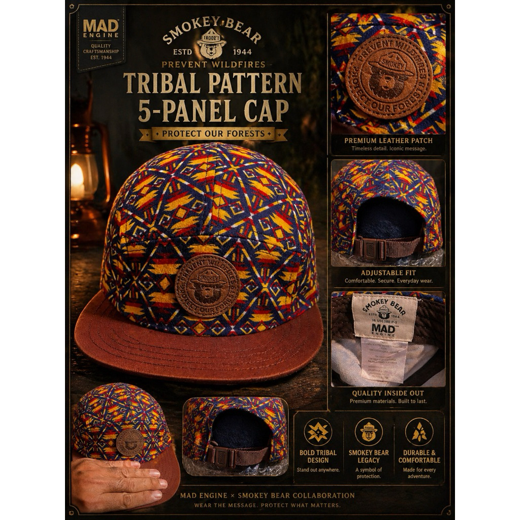 Topi 5 Panel Smokey Bear Tribal Original