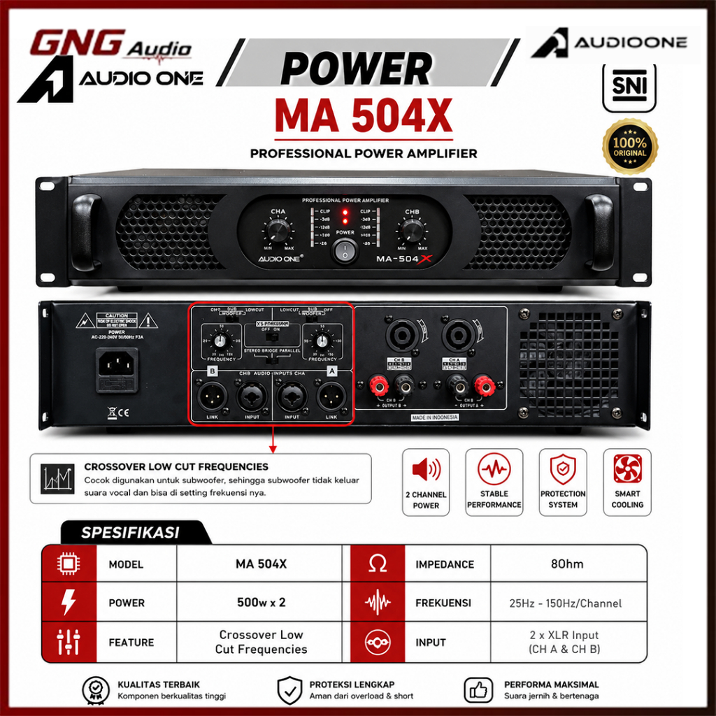 Power Amplifier Profesional AUDIO ONE MA 504X 500W x2  Power Sound System Indoor Outdoor I GNG AUDIO