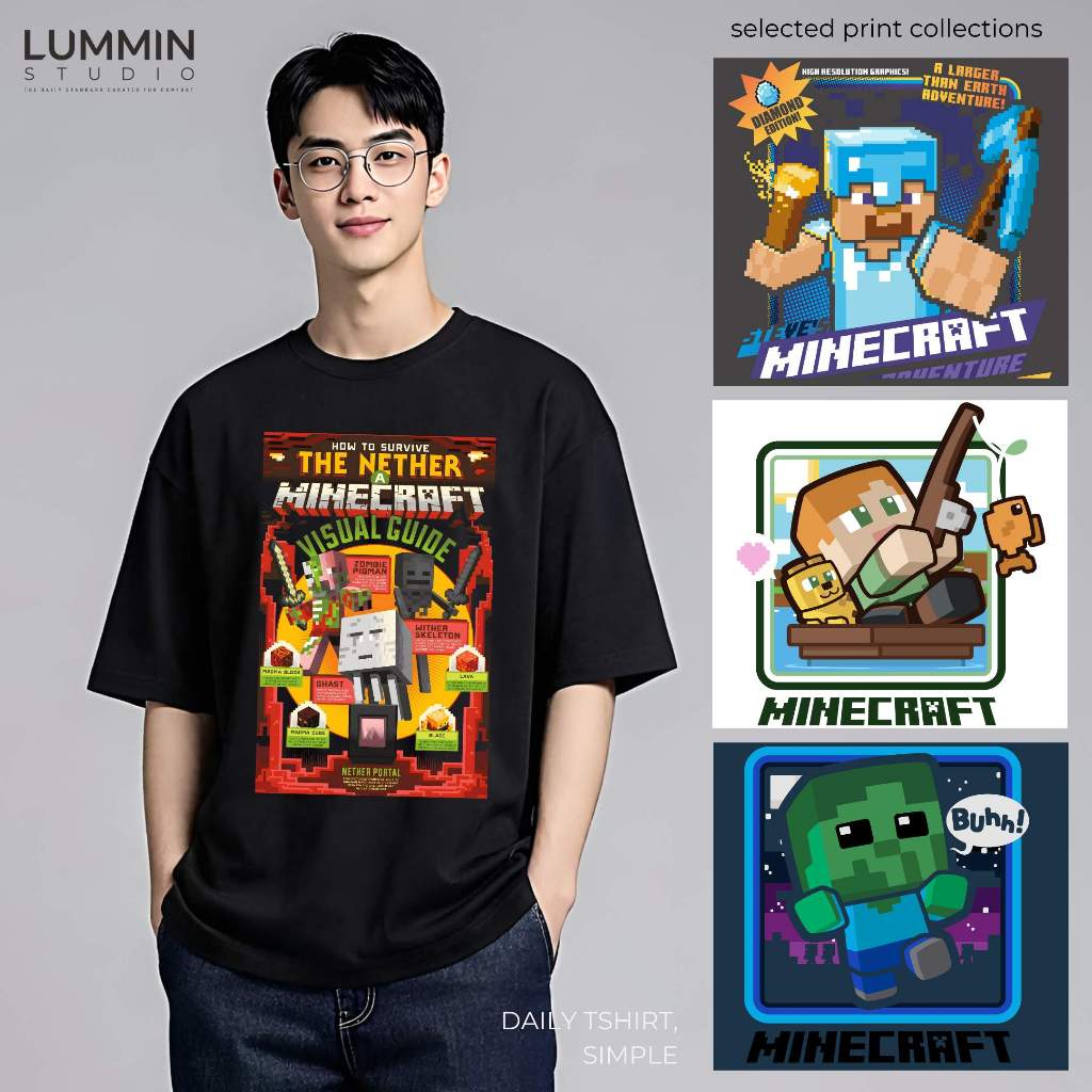 LUMMIN Kaos Pria Dewasa Creeper Enderman Steve Diamond Sword Minner Noob Gamer Vintage Oversize Fit 