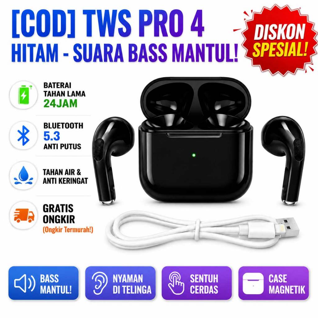 [COD] Headset TWS Pro 4 Bluetooth 5.3 earphone wireless headset mic jernih tws bluetooth headset blu