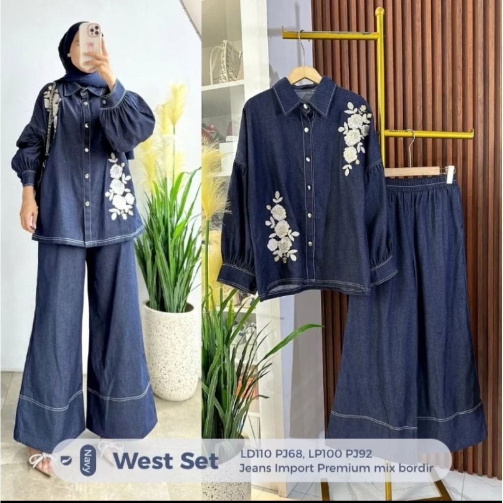Setelan Wanita Celana Kulot Jeans Premium Atasan Mix Bordir - One Set Jeans Bordir