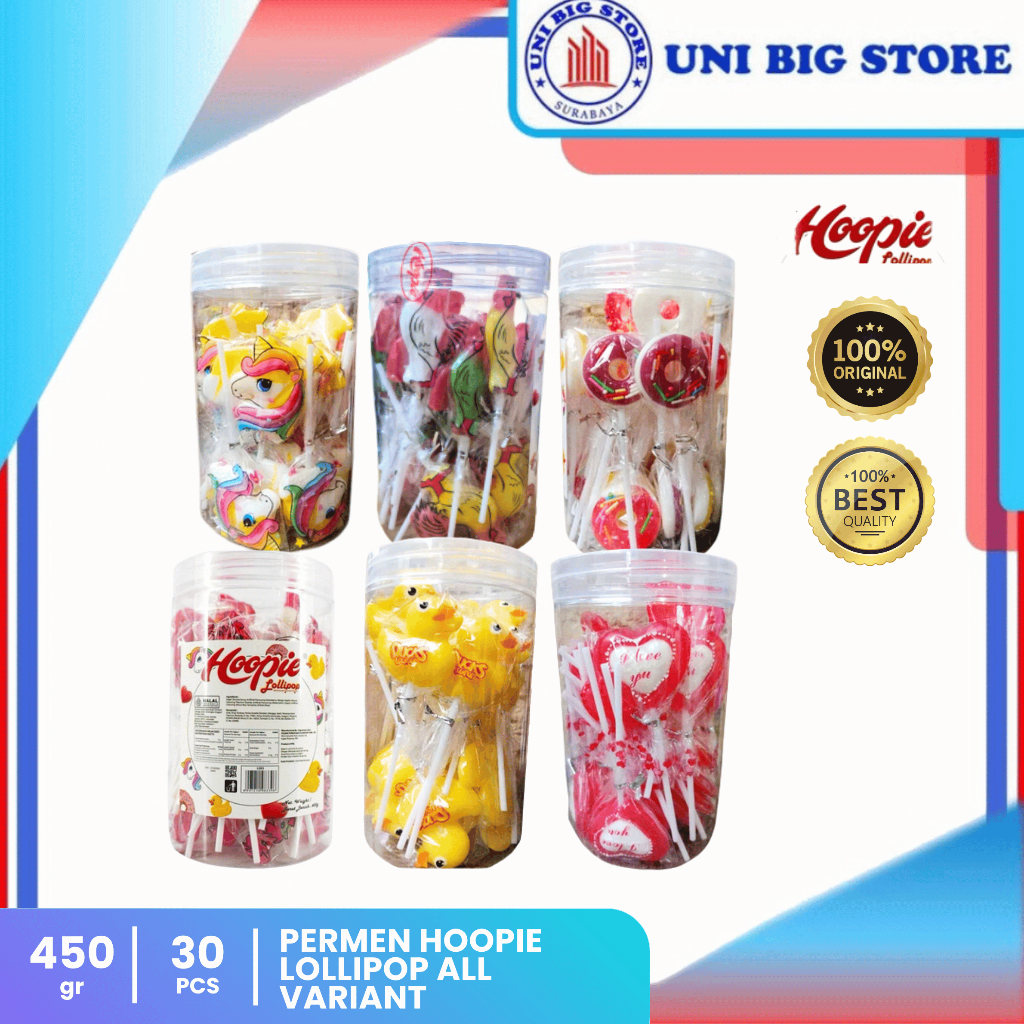 Hoopie Lollipop Aneka Bentuk Bebek Unicorn Heart Ayam Jago Donat Jar 450 gr Isi 30 pcs Permen Lolipo