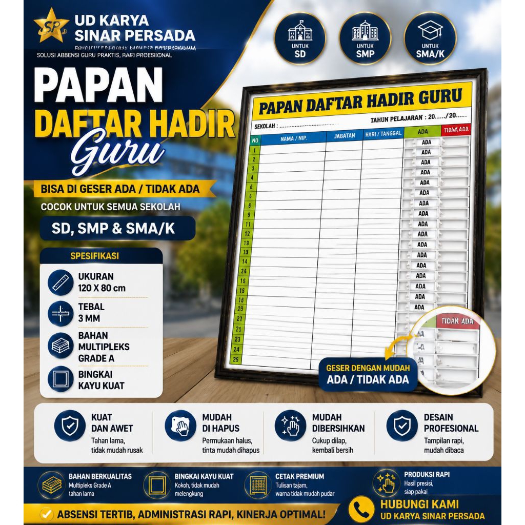 PAPAN ABSEN GURU / DAFTAR HADIR GURU 120X80