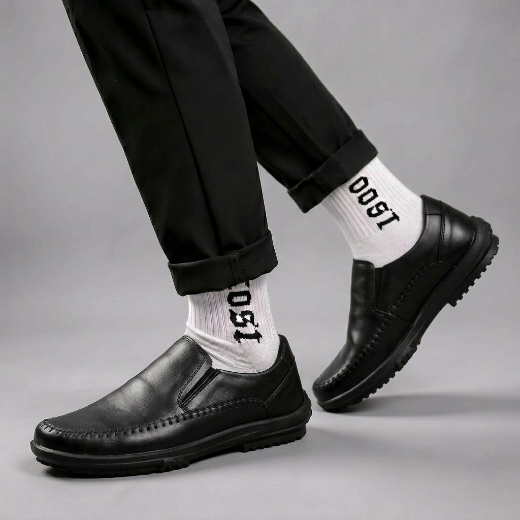 Sepatu Formal Casual Slip On Hitam Pria Kulit Sintetis