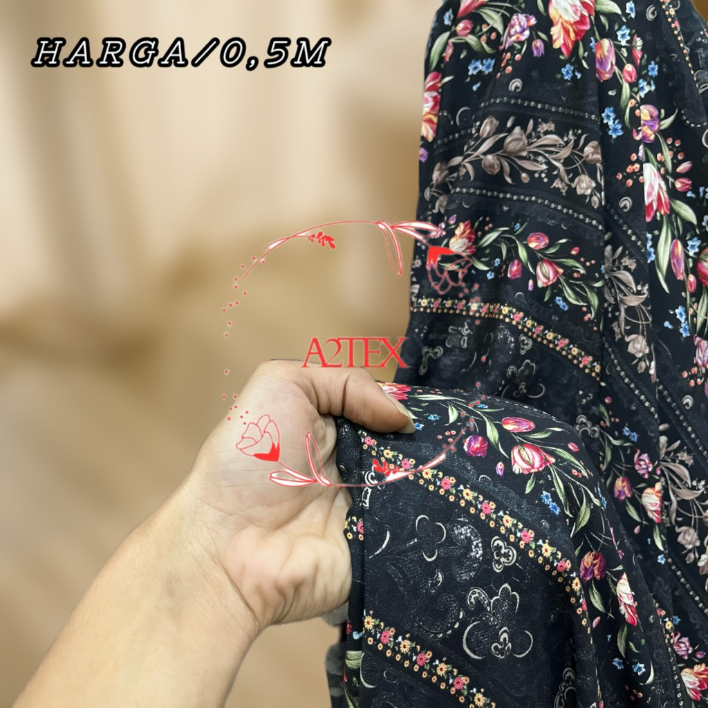 New (Motif Bunga Tulip Stripe Bergaya Prancis) Kain Katun Rayon Viscose Premium - Kain Rayon Motif E