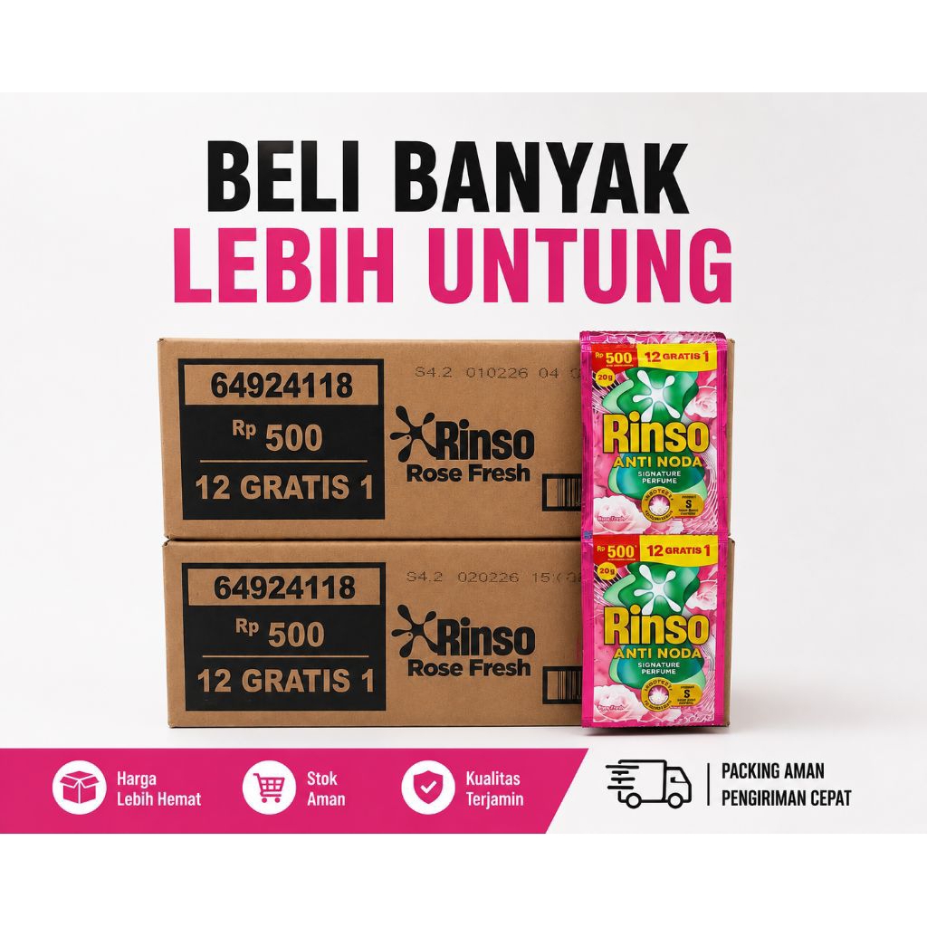 Rinso Cair Karton | Rinso Cair Rose Fresh Rp500 1 Karton Isi 104 Sachet (12+1) Original