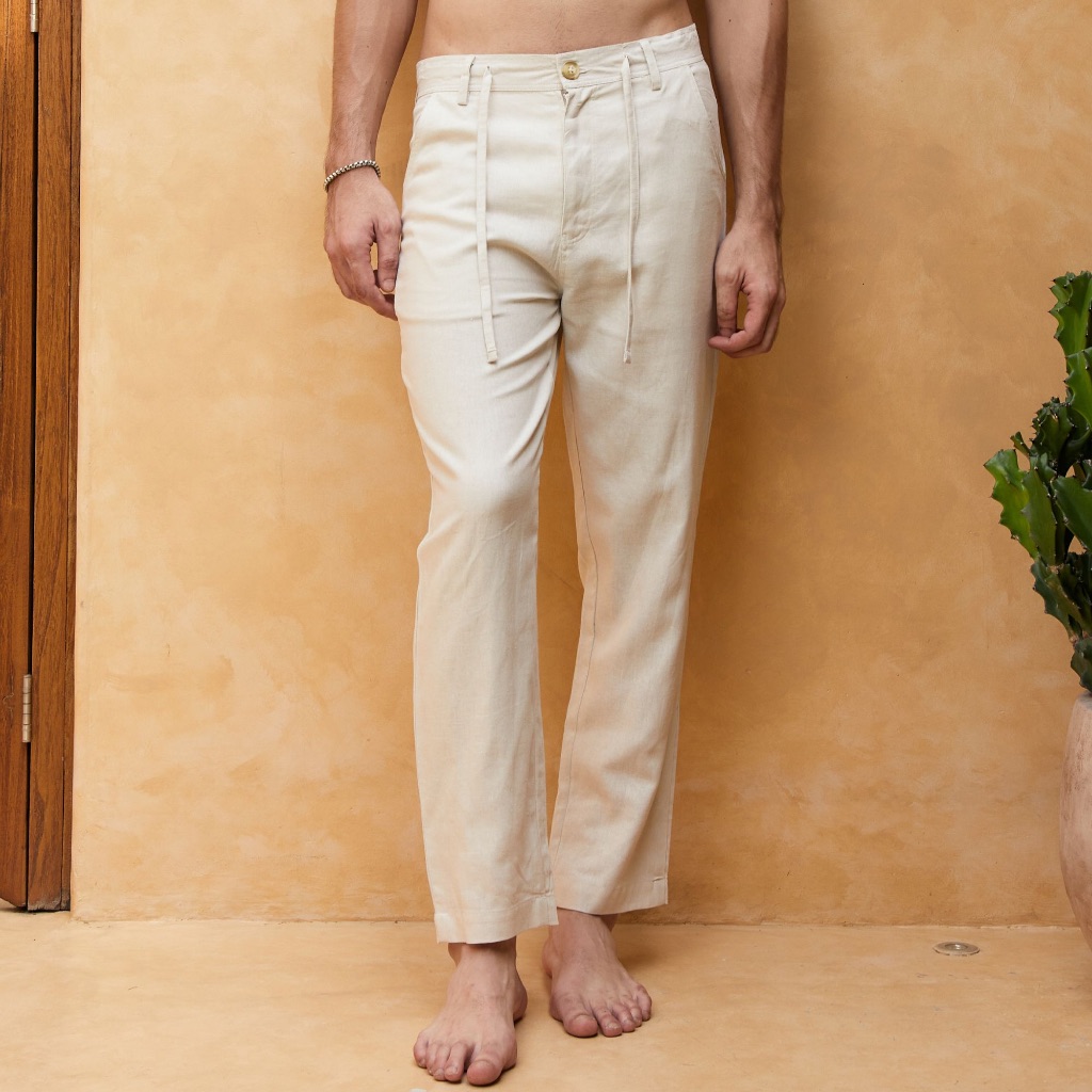 REMEDY Celana Panjang Trouser Linen Pria Casual Pilihan Warna Putih Krem Biru Navy Hijau Army Stripe