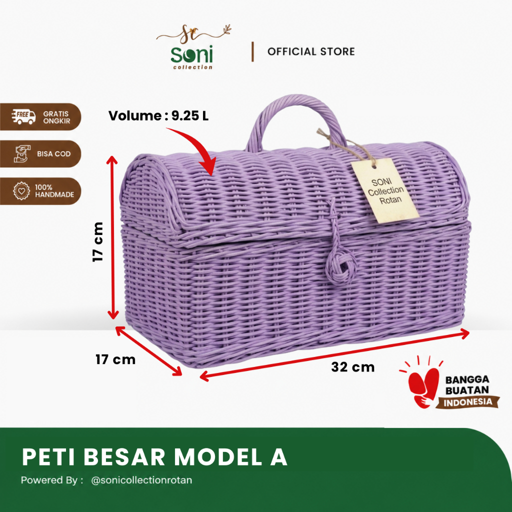 SONI Rotan - Keranjang Rotan PETI Besar Model A (32x17x17) Natural | Peti Harta Karun Rattan Souveni