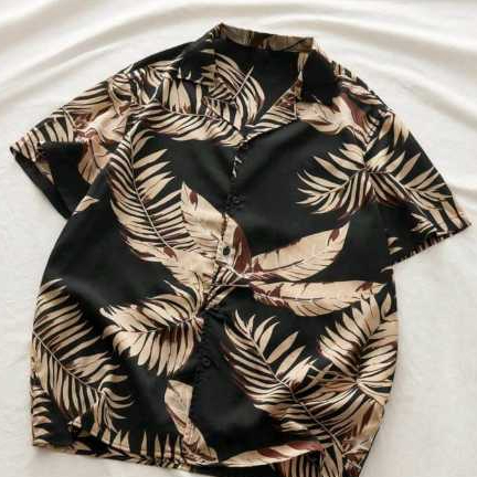 Kemeja Hawaii Pria Motif Daun Tropis Hitam Premium | Baju Casual Pantai Korean Style