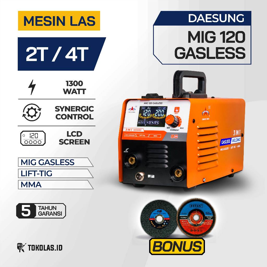 Mesin Las Daesung MIG 120 GASLESS Trafo Las Stainless Besi 3 in 1 Multifungsi TIG MMA MIG Tanpa Gas