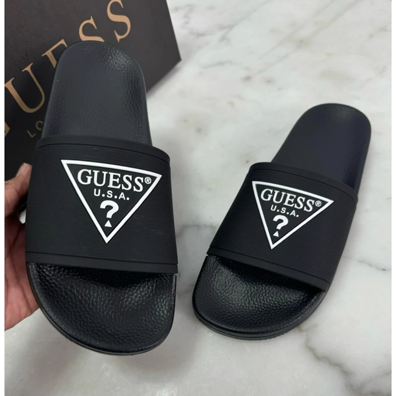 Sandal Slop Pria Wanita Guess Hitam Logo Putih Premium Unisex Size 39_44