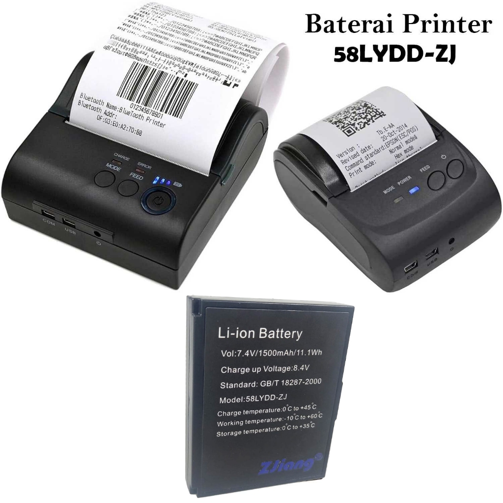ZJIANG Baterai Printer Bluetooth Thermal 5805 5802 5807 1500mAh Li-ion Hitam