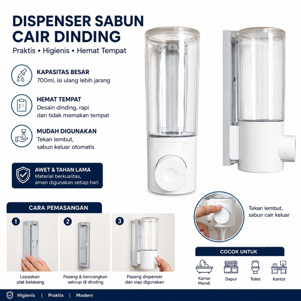 JATOS Dispenser Sabun Cair Dinding Manual Minimalis – Tempat Sabun Cair Kamar Mandi & Dapur