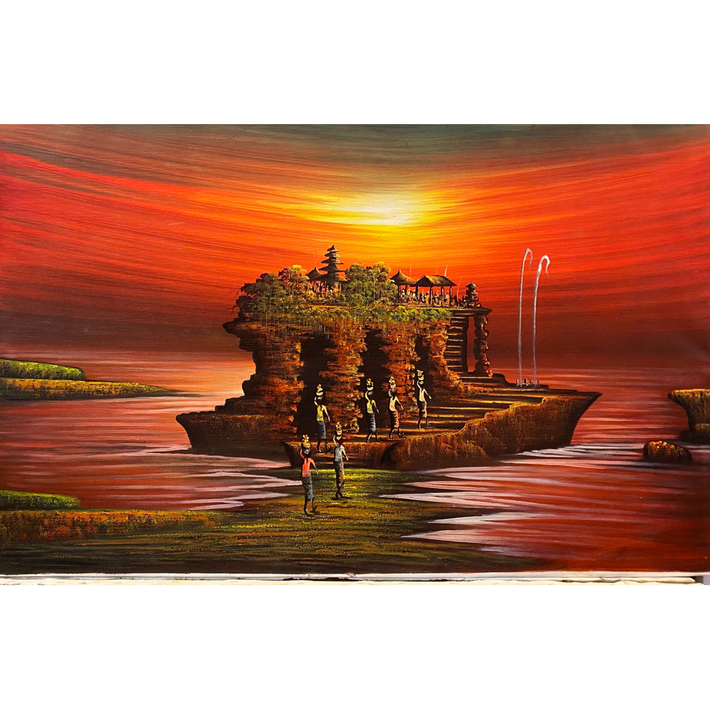 Lukisan Pemandangan Pura Tanah Lot Bali, Lukisan Canvas, Suasana Sunset, Lukisan Asli Bali