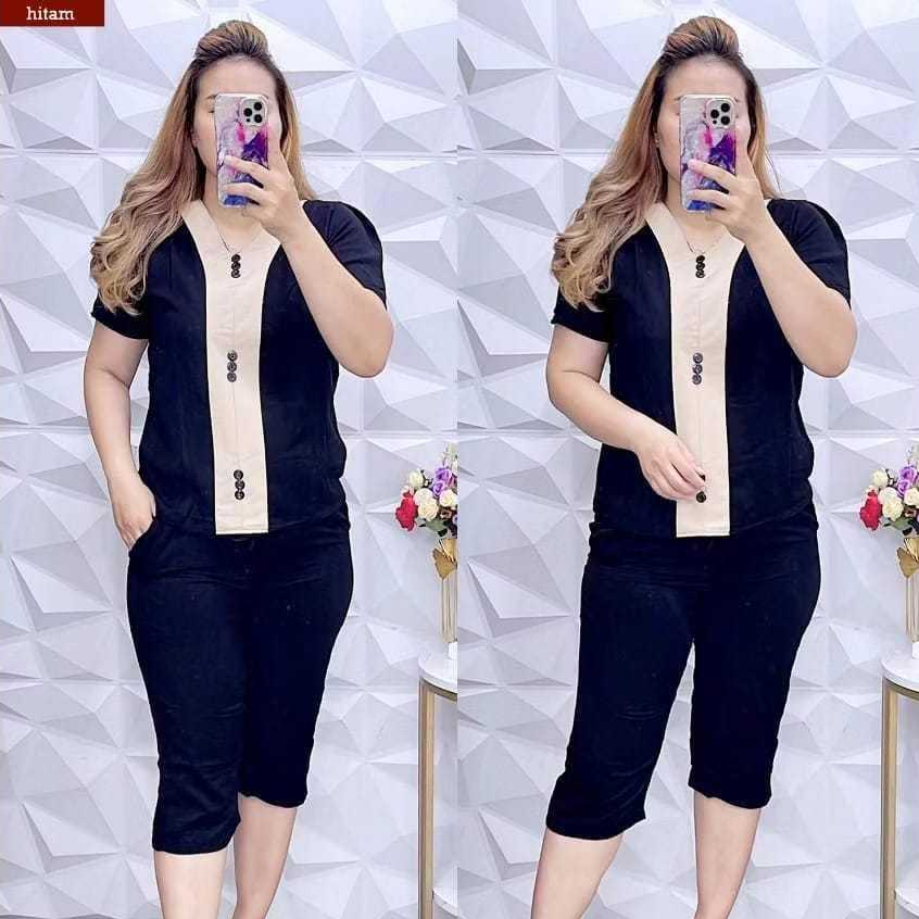 SETELAN WANITA KOMBINASI GARIS / SETELAN WANITA LENGAN PENDEK / ONE SET WANITA KEKINIAN