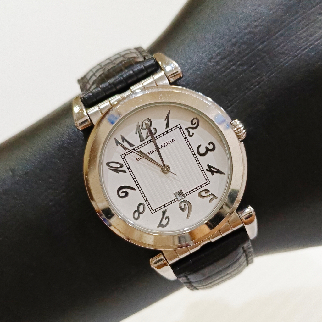 Jam Tangan BCBG Max Azria Classic Slim Case Quartz Watch Pria Wanita Mewah Pesta Kulit Hitam Keren