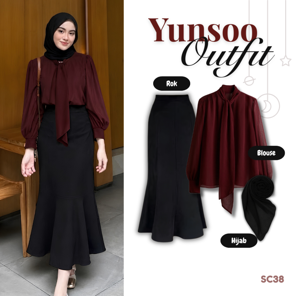 Setelan Wanita Korean Elegant (Blouse Merah Maroon + Rok Duyung) One Set Kerja Kencan Dinner Dewasa 