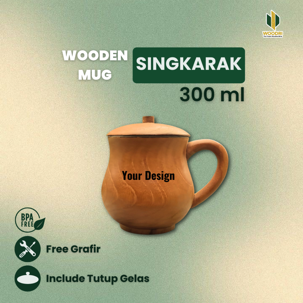 WOODRI Wooden Mug Singkarak 300 ml | Mug Kayu Jati Custom Grafir dengan Tutup | Stainless Steel