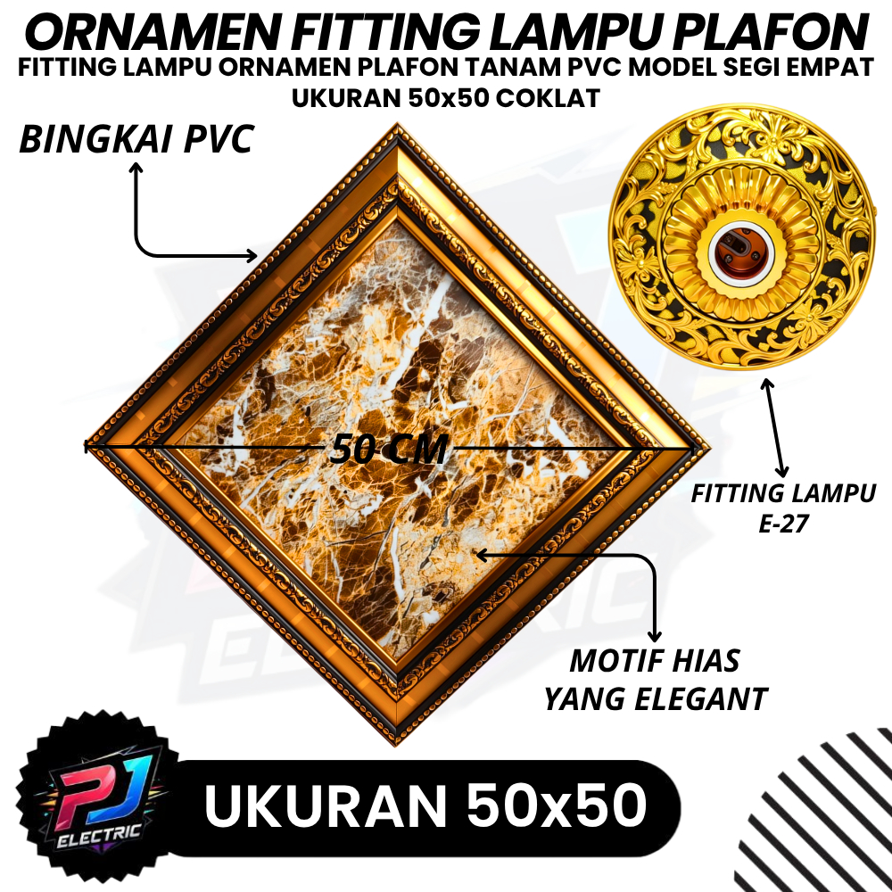 Fiting Ornamen Plafon 50x50cm fitting motif PVC Tahan Lama Mudah Dipasang Model SEGI EMPAT Gold Hita