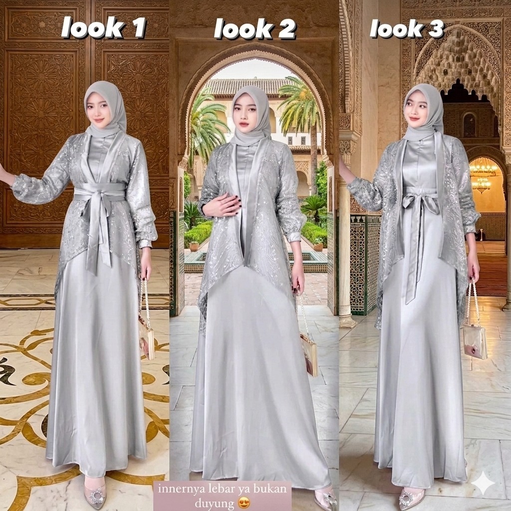 GAMIS FUJI SATU SET OUTER / GAMIS SATIN VELVET KOMBI TILE MUTIARA / GAMIS 3 IN 1 KONDANGAN TERBARU