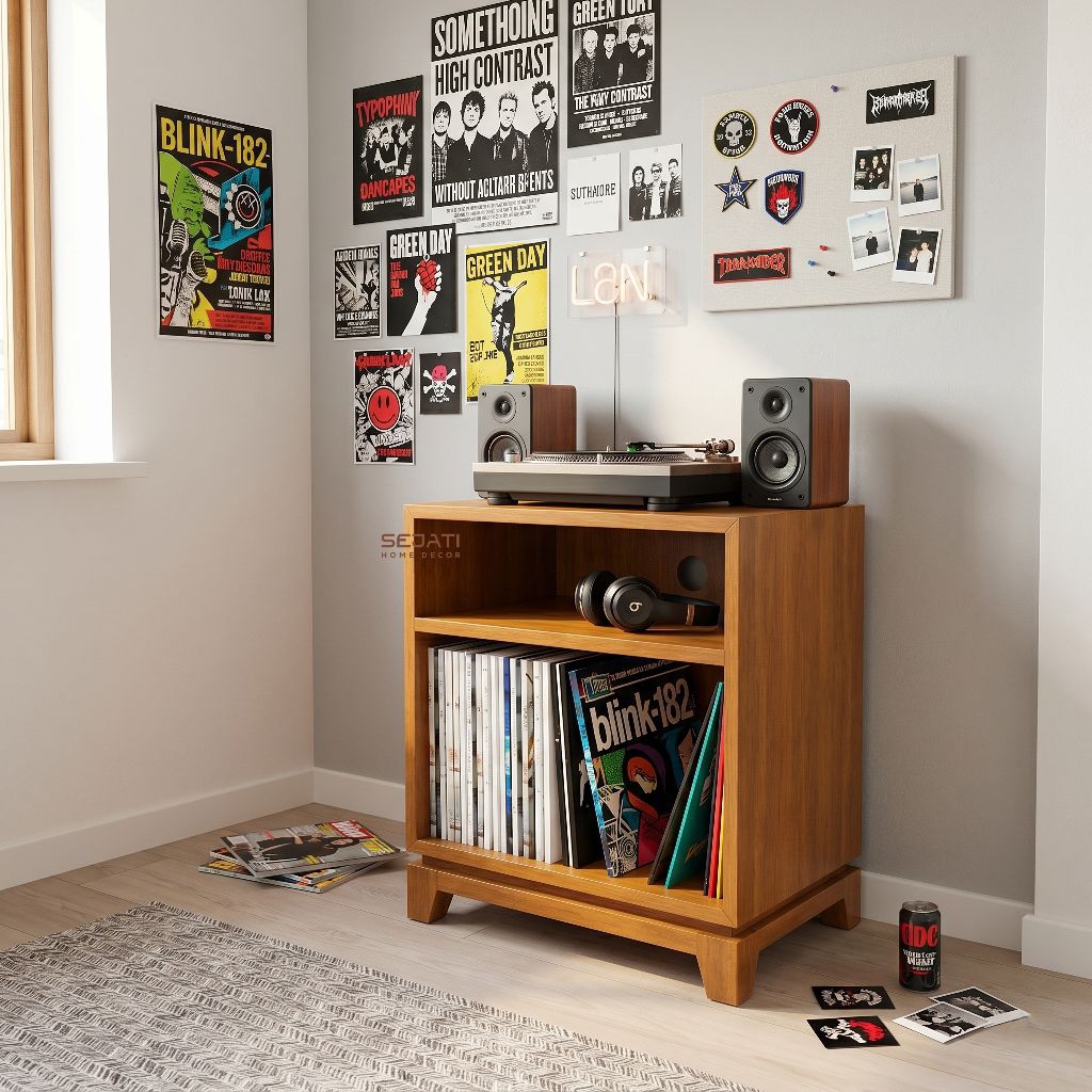 Rak Vinyl Minimalis Kayu | Meja Turntable & LP Record Storage