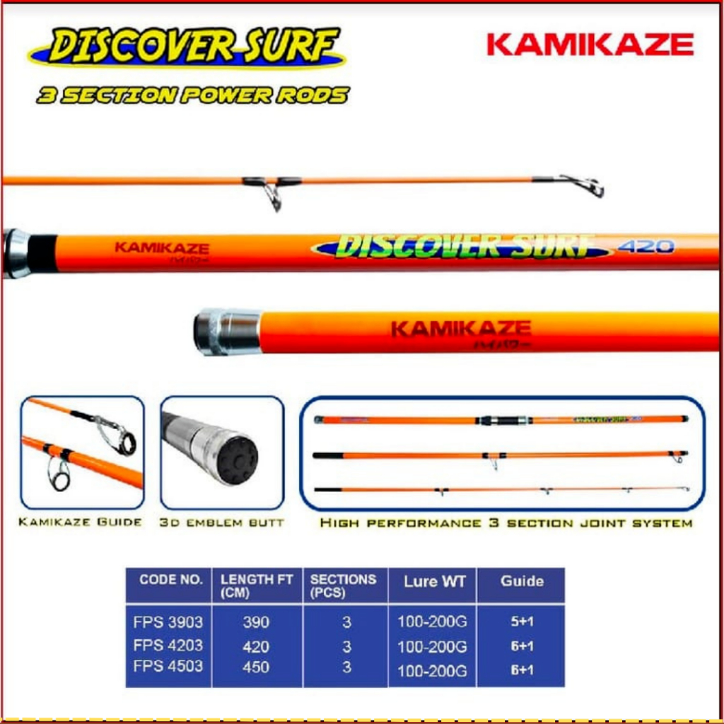 Joran Surfcasting Kamikaze Discover Surf 420 / 450 Carbon Rod Sambung 3 Pasiran Pinggiran