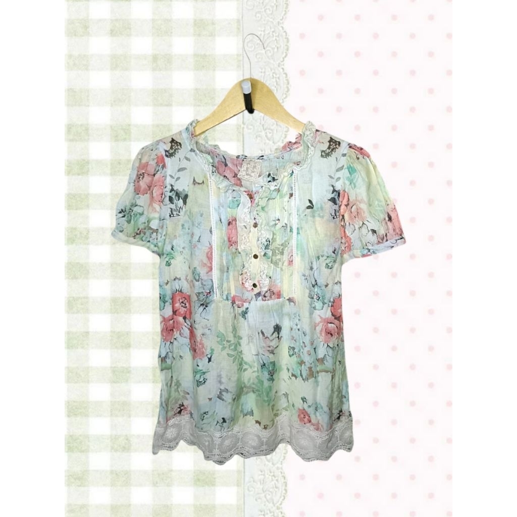 Vintage Floral Baby Doll Top With Lace Kawai Fairycore Princesscore Cottagecore