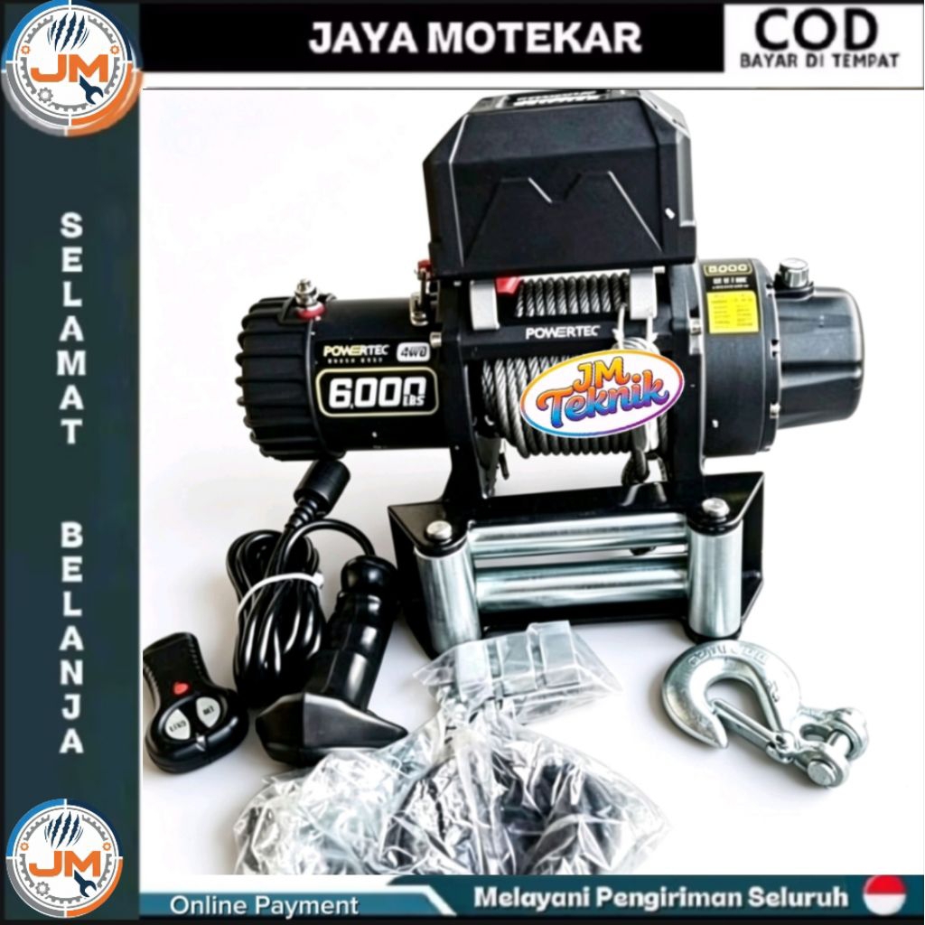 Winch Elektrik Powertec 6000 LBS 12V DC – Mesin Derek Mobil Offroad 4x4 Kapasitas 2721 Kg