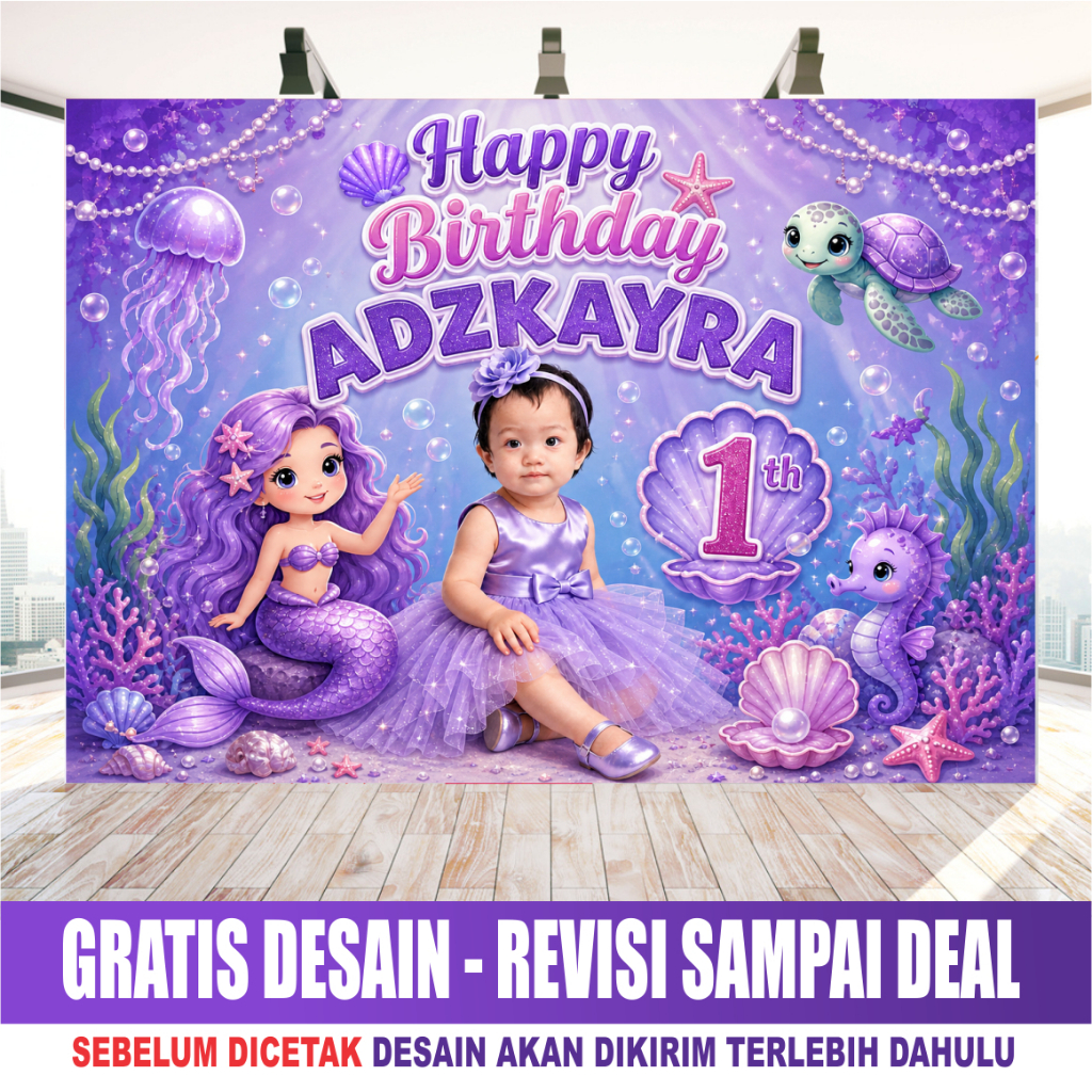 SPANDUK ULANG TAHUN ANAK CEWEK TEMA MERMAID - BANNER ULTAH ANAK  TEMA PUTRI DUYUNG