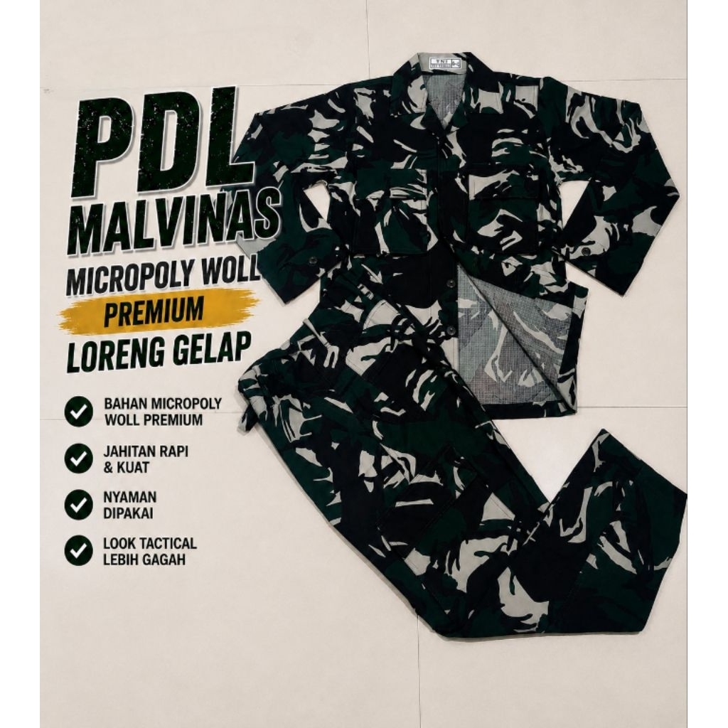 Seragam PDL TNI Loreng Malvinas Bahan Micropoly woll Premium Warna Loreng Gelap