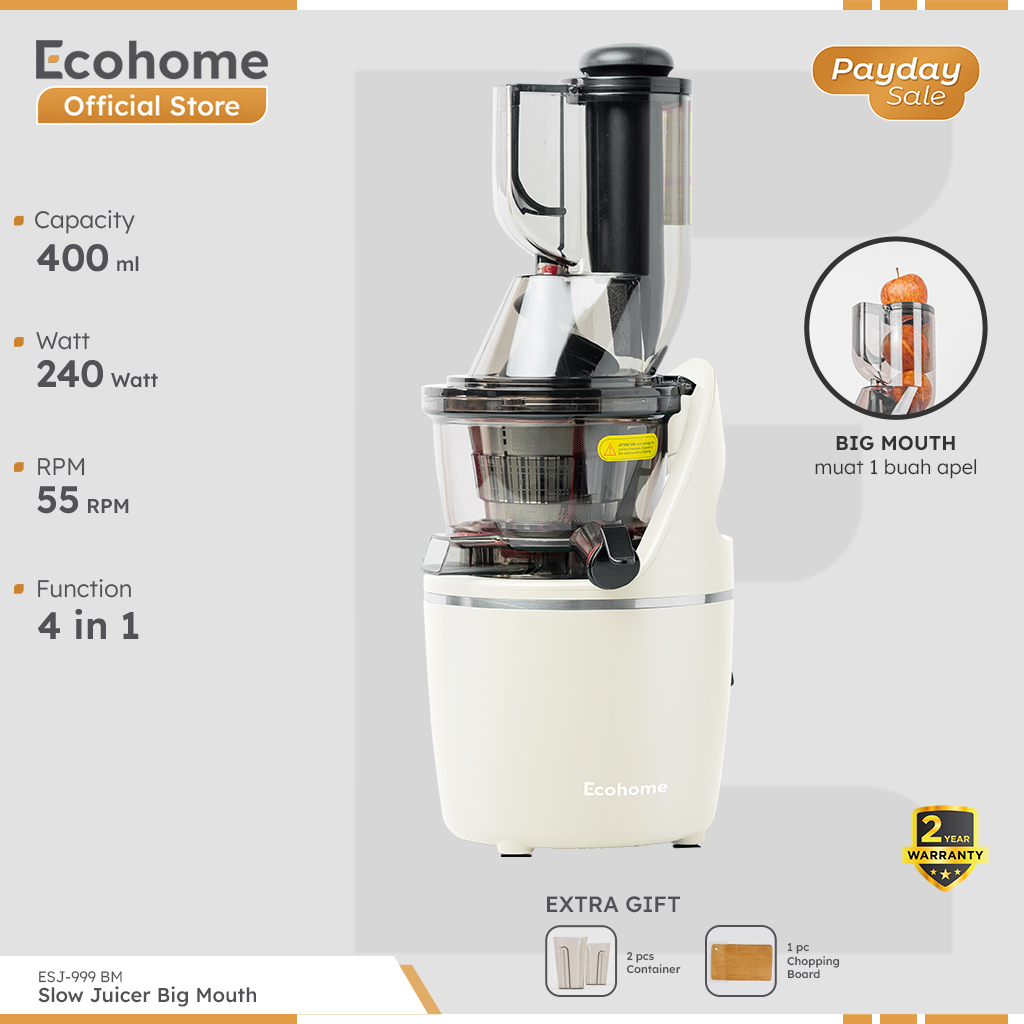 ECOHOME Slow Juicer Big Mouth ESJ999BM 55 RPM Pengekstrak Buah Low Watt Easy Clean Multifungsi