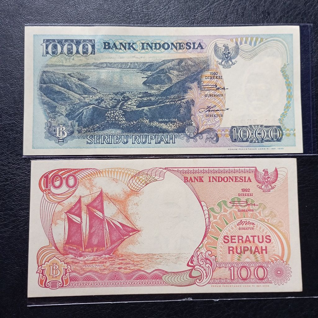 2 lembar uang kertas indonesia 100&1000 tahun 1992 baru asli