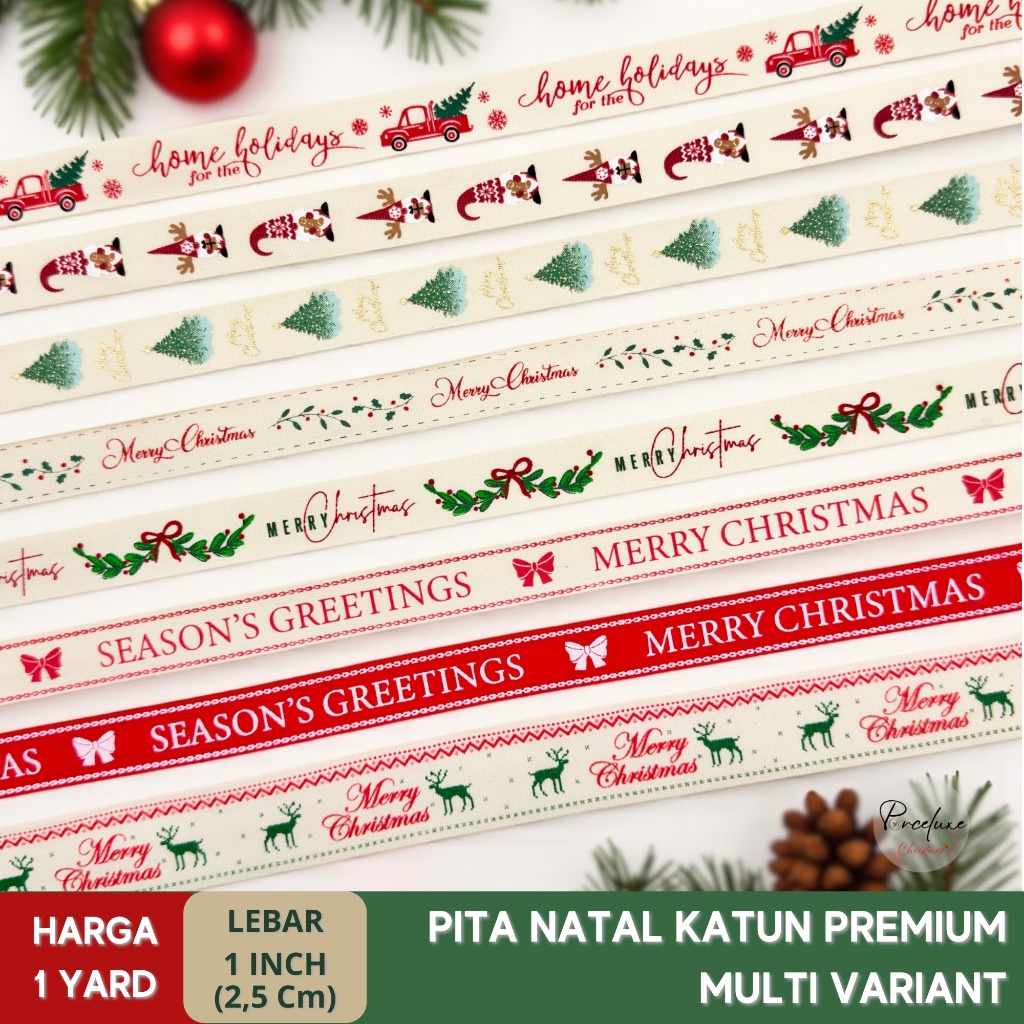 1 YARD | Pita Natal Kain Katun Premium Merry Christmas 2,5 Cm 1 Inch Hias Rumah Kado Pohon Hampers S
