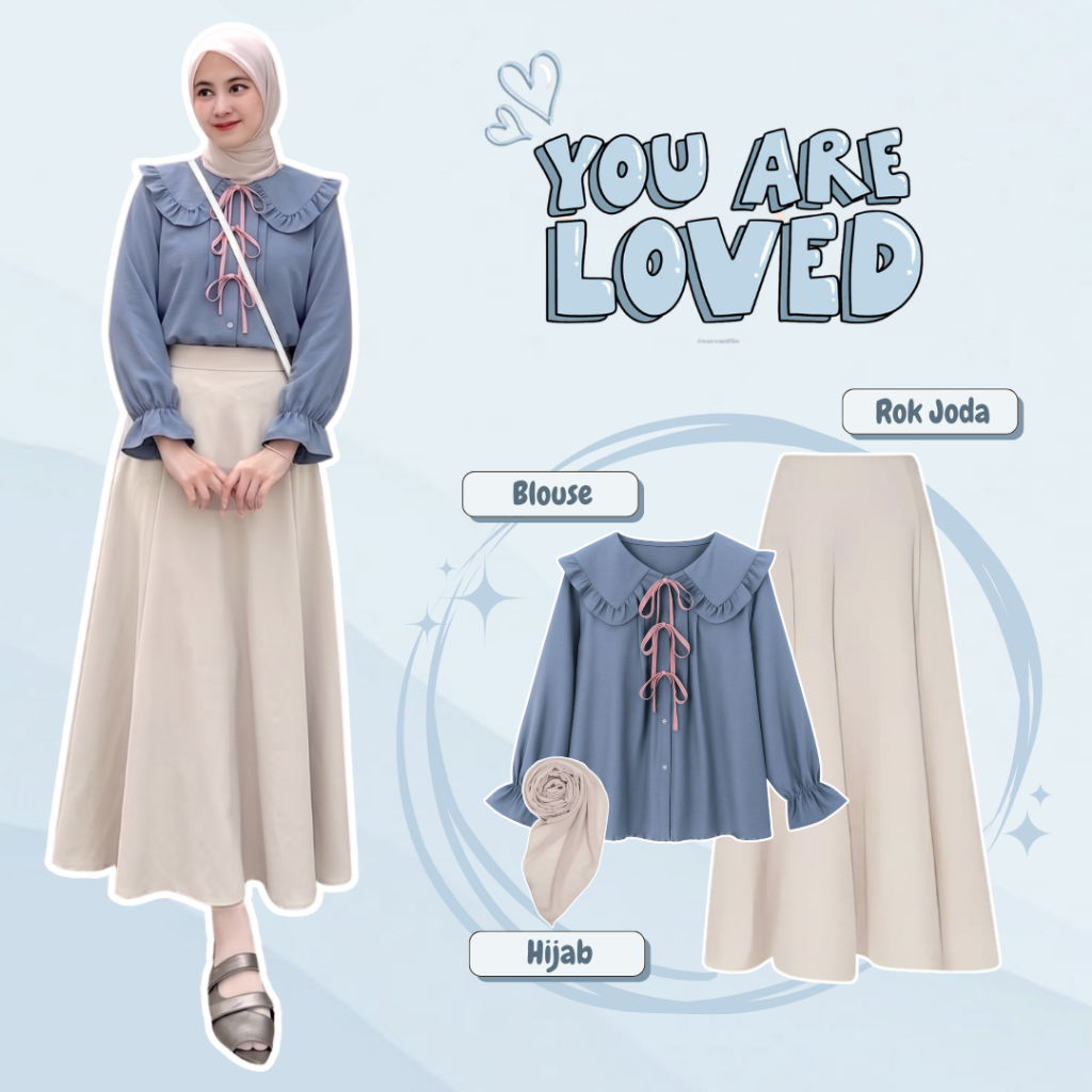 One Set Rok Korean Style Outfit Hijab (Memori Blouse Atasan Wanita + Rok Joda Korean Style + Hijab S