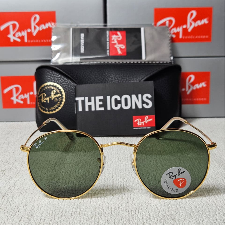 Kacamata Rayban Round Metal RB3447 001/58 Gold Lens Green Original