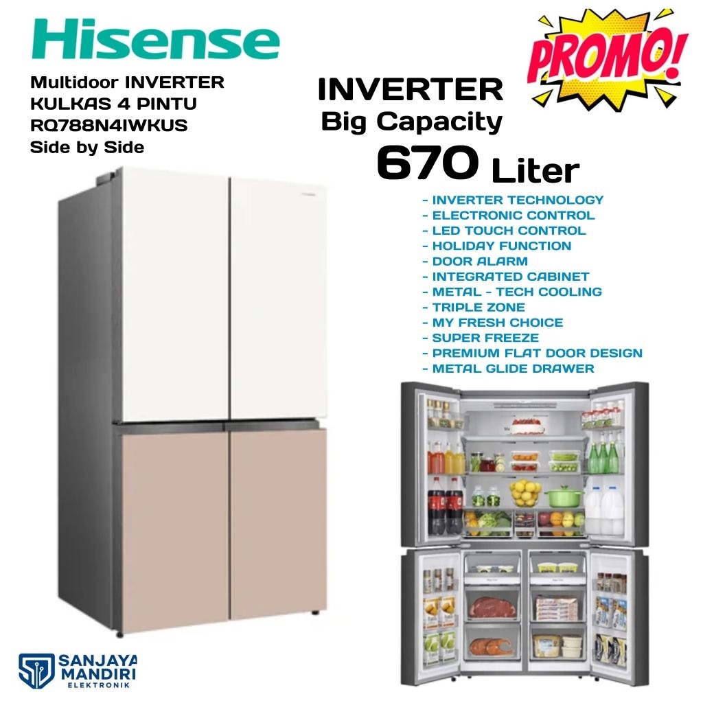 (EX.DISPLAY) TERMURAH HISENSE Kulkas MULTIDOOR 4 PINTU Side by Side Inverter RQ788N4IWKUS 670 Liter 