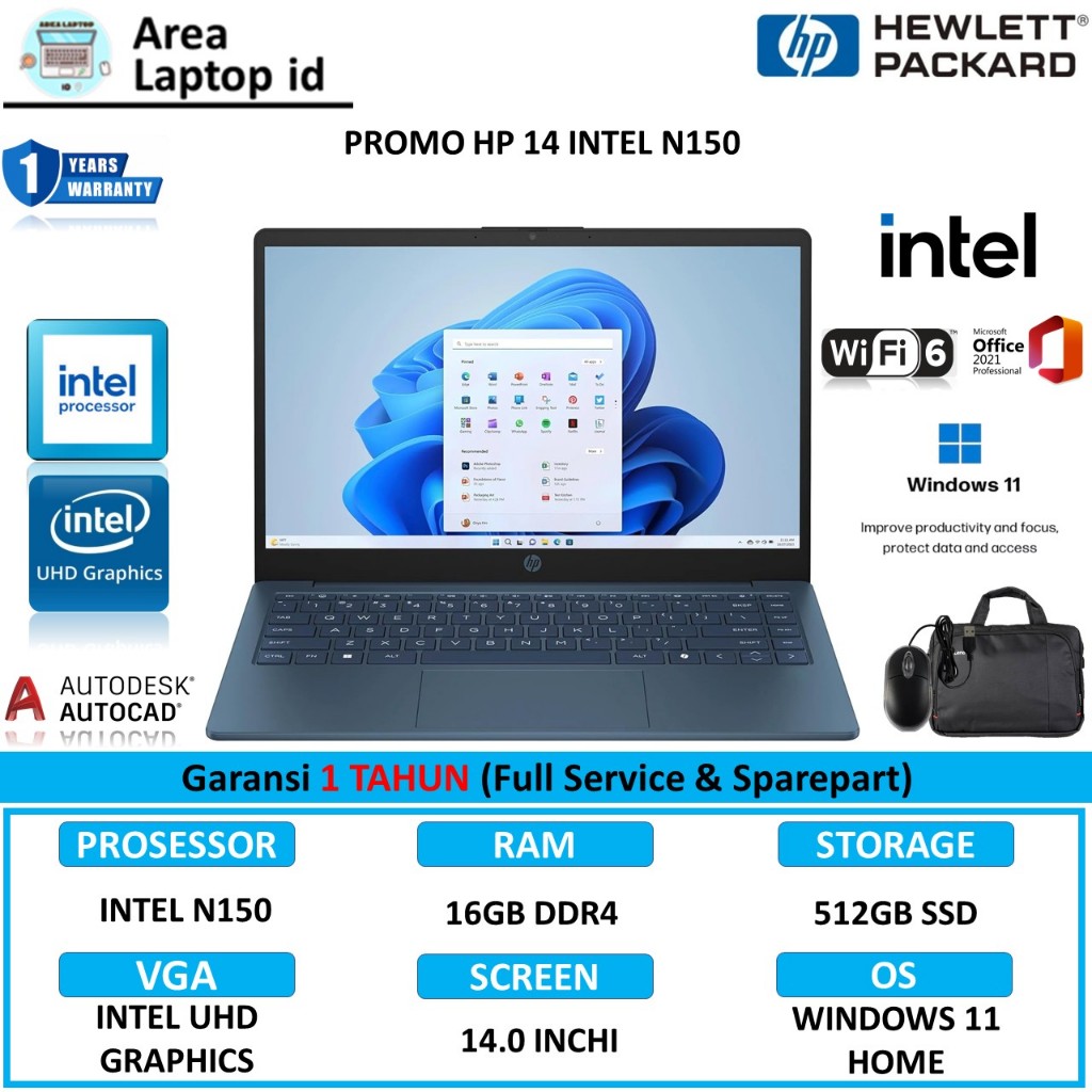 Laptop baru Hp 14S Intel Quad Core N150 RAM 16GB SSD 512GB 14 Inch Windows 11 Laptop Kerja | Laptop 