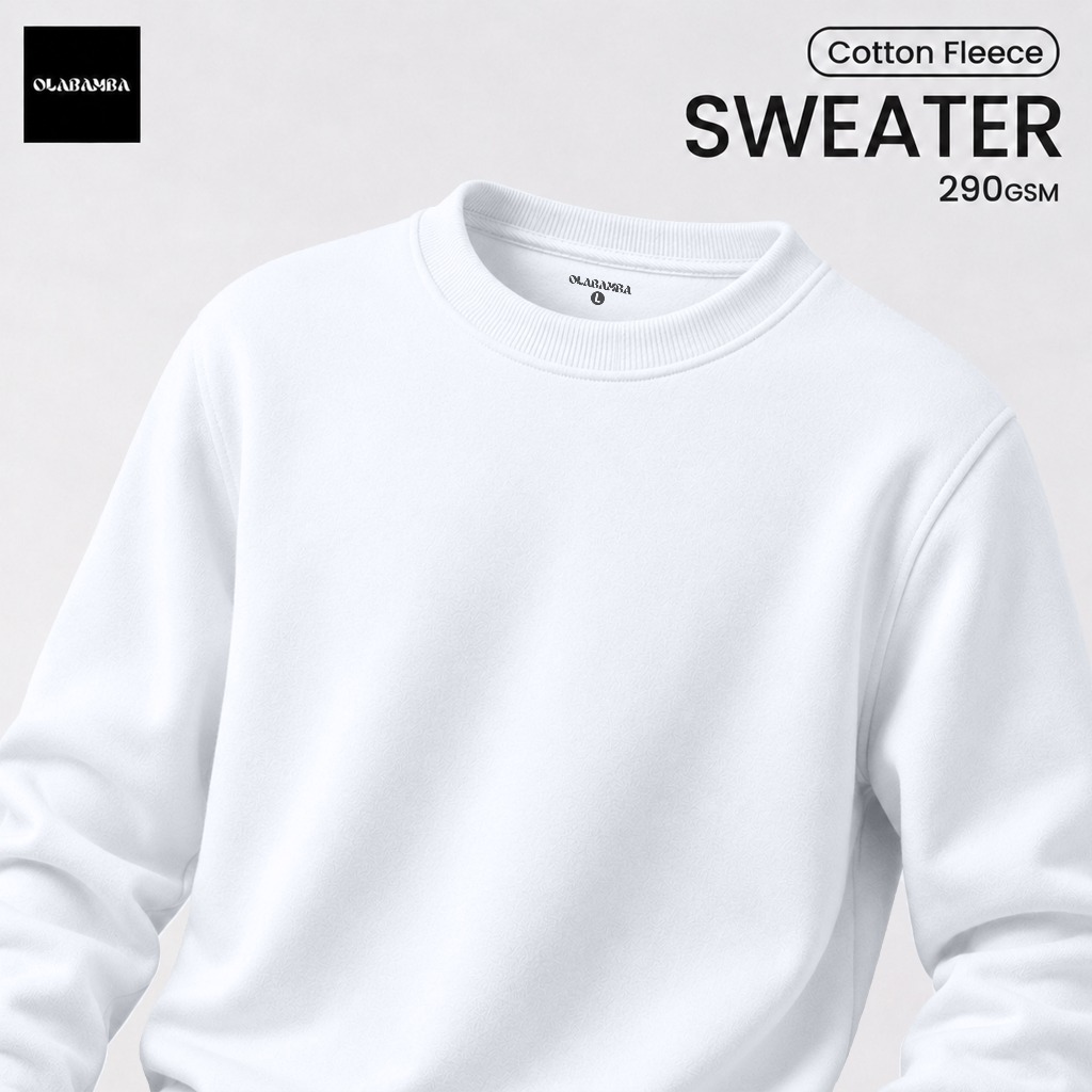 OLABAMBA Sweater Crewneck PUTIH Polos Pria - Crewneck Unisex PUTIH Cotton Fleece