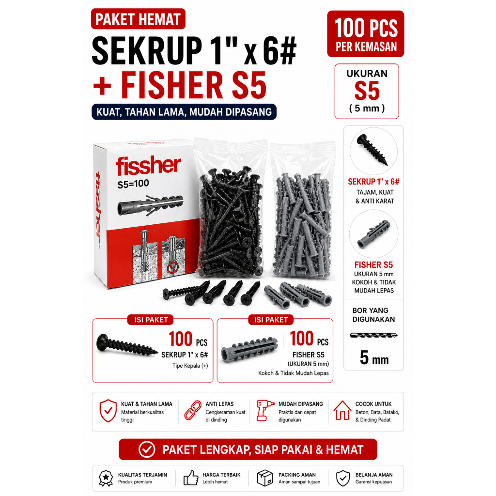 Paket Sekrup 1 Inch x 6# + Fisher S5 100 PCS Baut Tembok Anti Karat