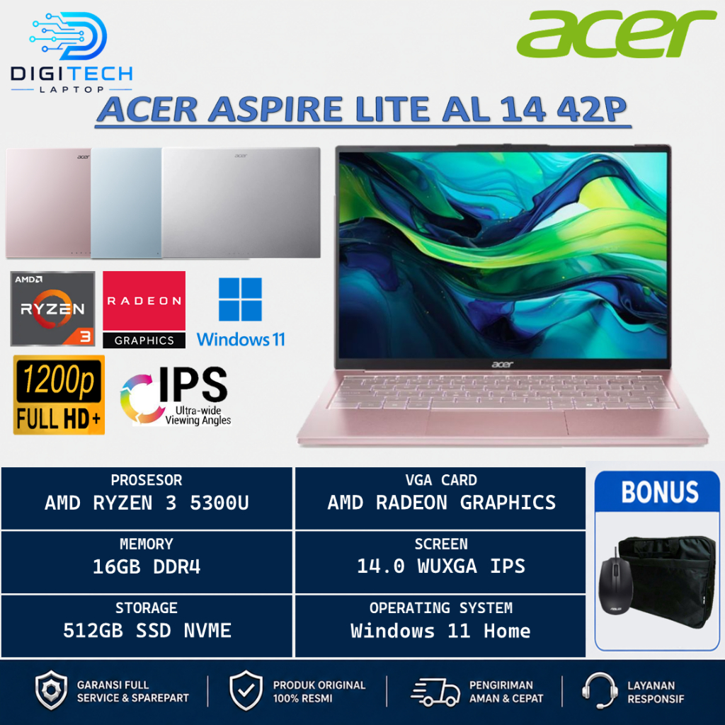 Laptop Gaming ACER ASPIRE LITE 14 AMD Ryzen 3 5300U 16GB 512GB WUXGA IPS Windows 11 Home + OHS 2024