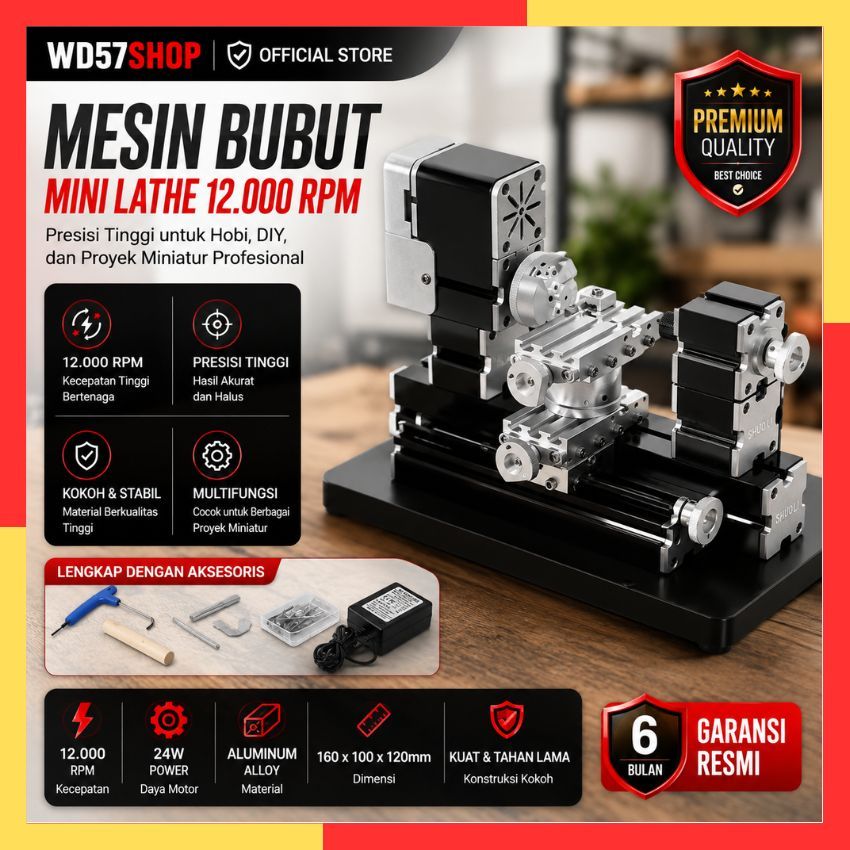 Mesin Bubut Mini Lathe Machine Pemotong Besi Kayu Logam Almunium Machine 12000RPM