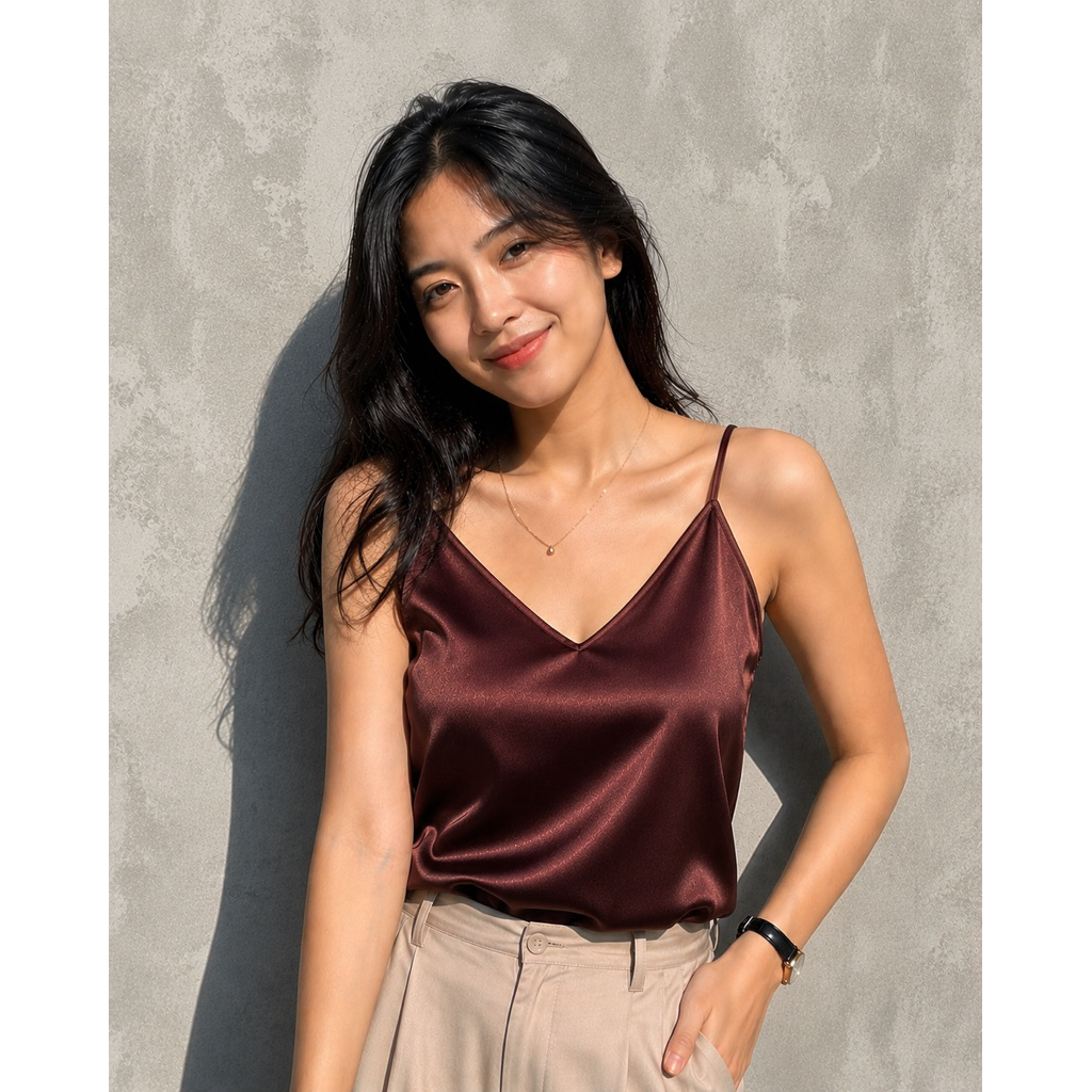 Tanktop Satin Wanita V Neck Glossy Premium Basic Inner Korean Style