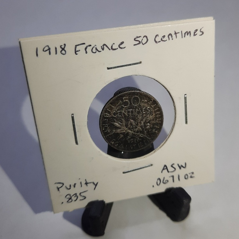 Koin Perak Prancis 1918 50 Centimes 83.5% Silver Asli France