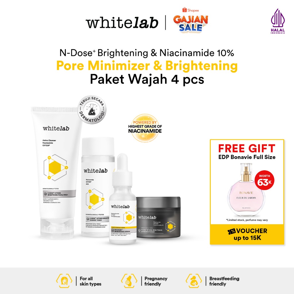 Whitelab Paket Wajah Brightening Niacinamide Facial Wash, Toner, Serum, Night Moisturizer - 4 pcs N-