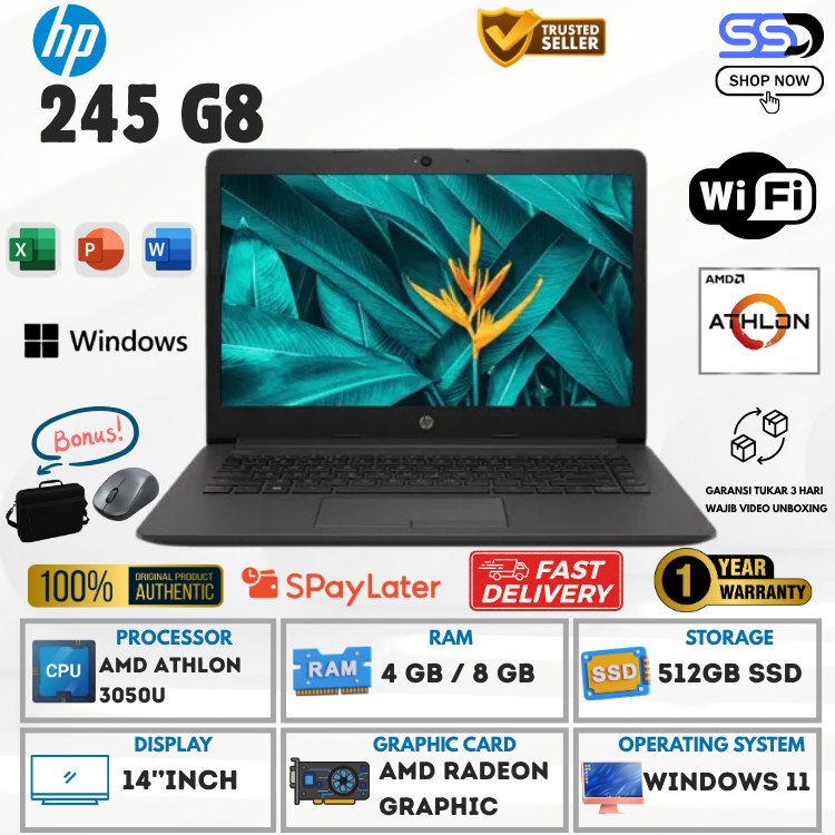 HP 245 G8 AMD ATHLON SILVER 3050U RAM 8GB / SSD 512GB / 14" HD Win11+Office free TAS LAPTOP DAN MOUS