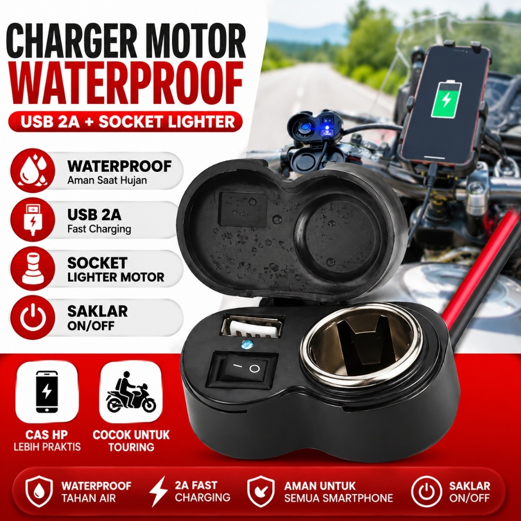 USB Charger Motor Waterproof 12V 2A Socket Lighter Cas HP GPS Charger Handphone Motor Di Motor MLD-1