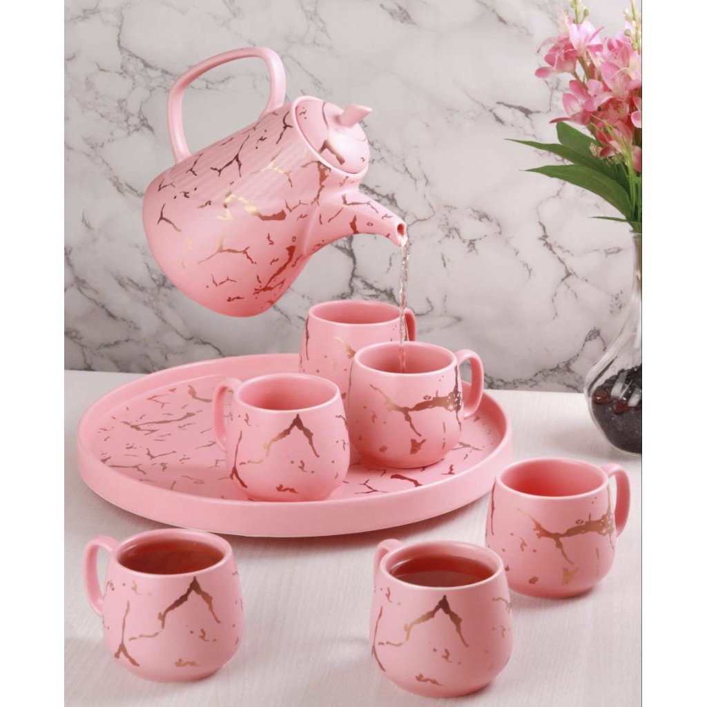 Teko dan set Cangkir TM89 Livia PINK Marmer, perlengkapan minum teh VICENZA, dilengkapi teko dengan 