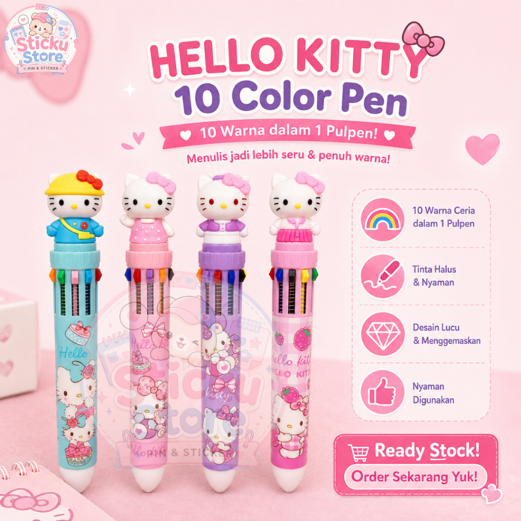 STICKU - Pen Hello Kitty Bulpen 10 Warna Tinta Pulpen Lucu Karakter Sanrio BP-038