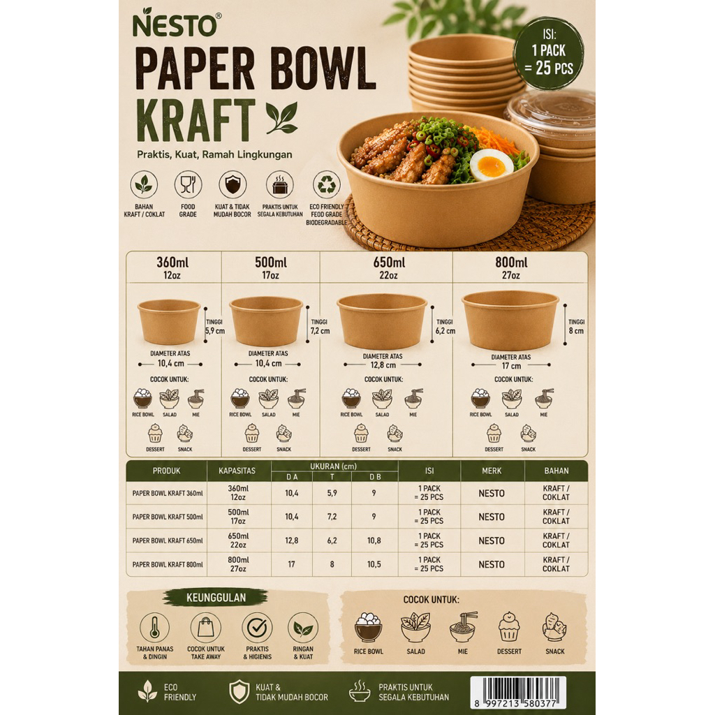 NESTO BOWL KRAFT /PAPER BOWL KRAFT NESTO 360ML/500ML/650ML/800ML