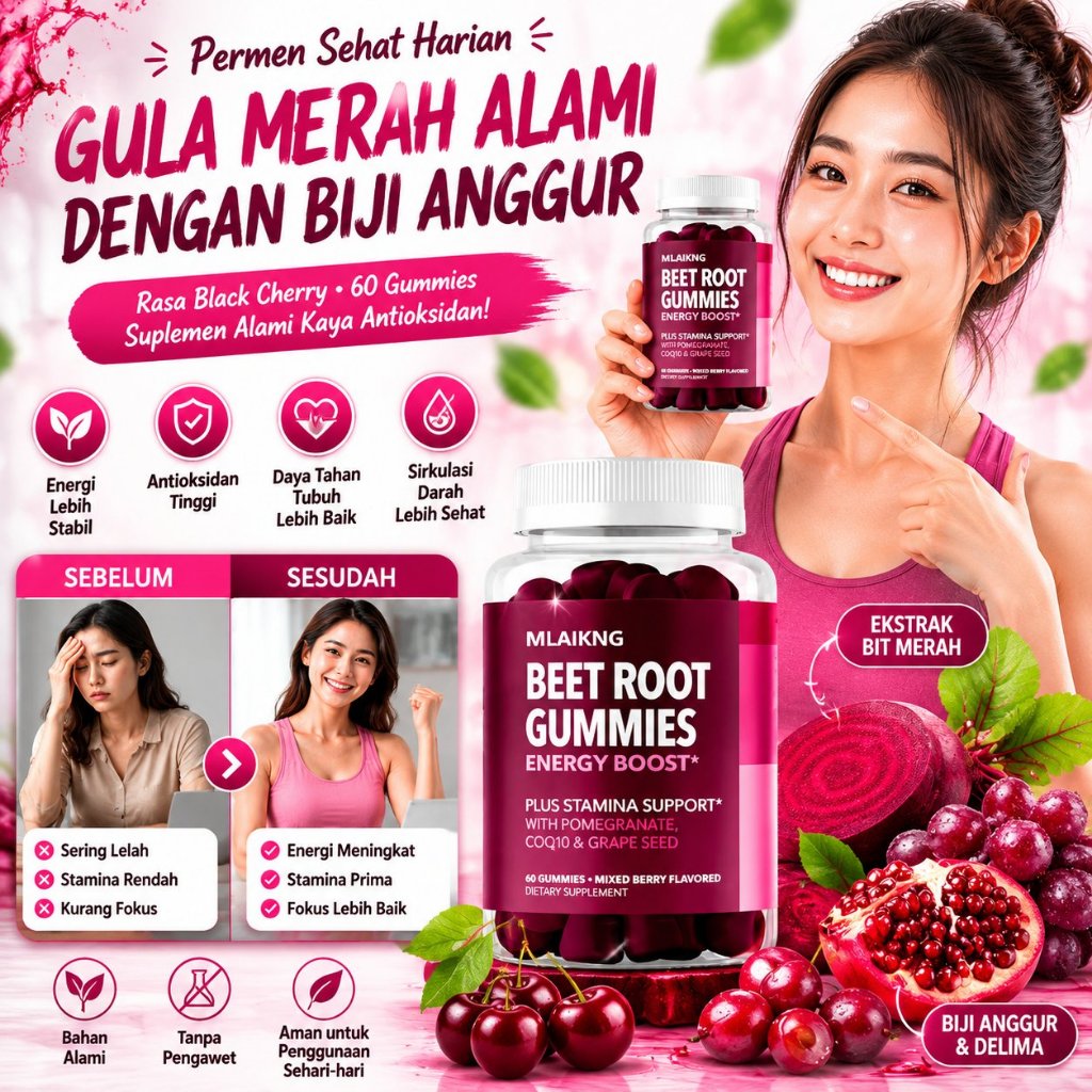 NEW - [60 Kaplet] Permen Jeli Bit Merah  / Kapsul Buah Bit/ Ekstrak Biji Anggur/ Suplemen Makanan Ra